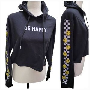 Posh Posh Juniors Cropped Hooded Sweatshirt Be Happy Smiley Faces Checkered Sz L
